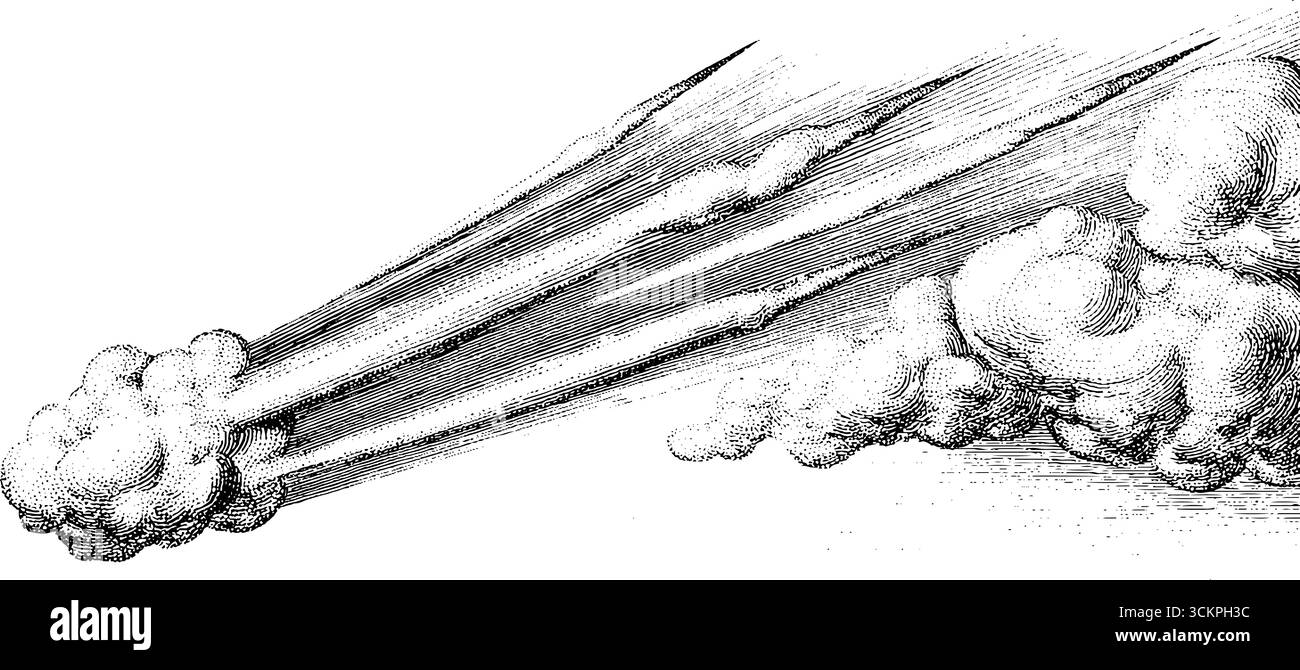 Pioggia di meteoriti celesti che si estendono su un cielo minimale in stile tratteggiato. Illustrazione Vettoriale