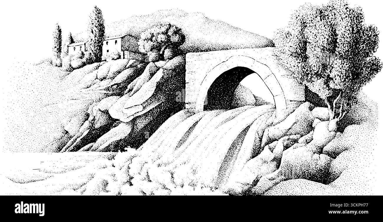 Crollo del muro della diga con torrente in un paesaggio rurale rustico. Illustrazione Vettoriale