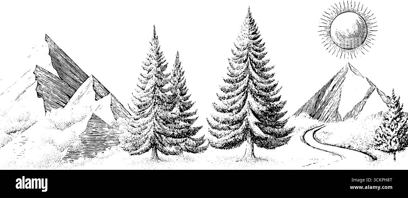 Scena naturale giocosa con montagne, alberi, fiume e sole. Illustrazione Vettoriale
