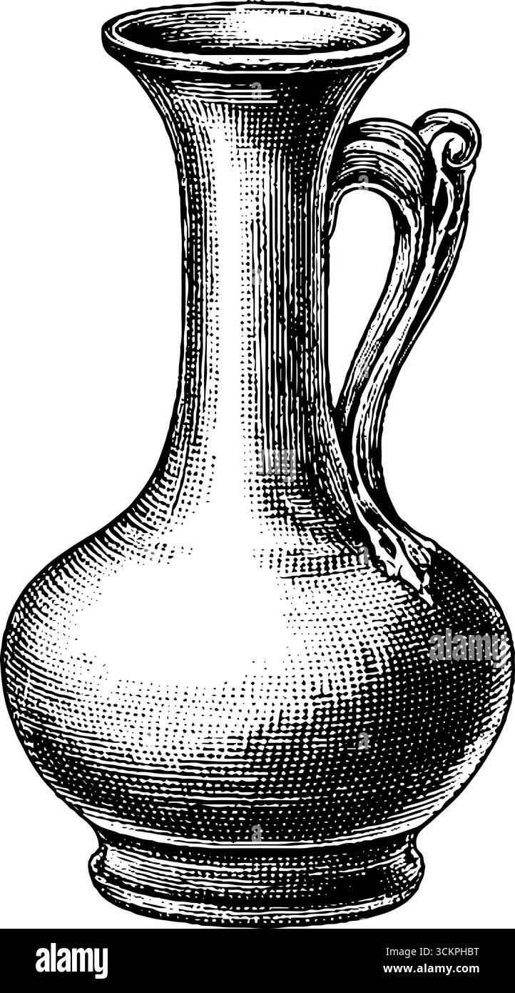 Caraffa in vetro romana antica con collo sottile e manico dal design dettagliato. Illustrazione Vettoriale