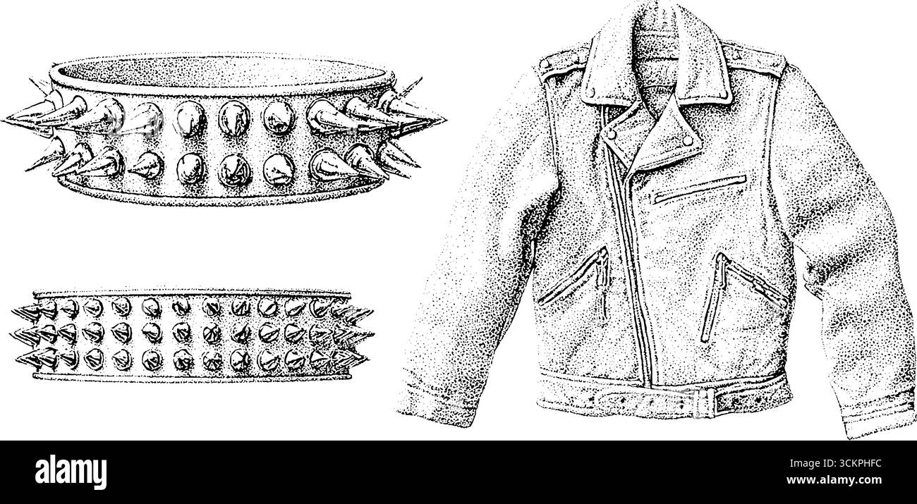Giacca in pelle punk e cintura con perno di sicurezza per moda e accessori alternativi. Illustrazione Vettoriale