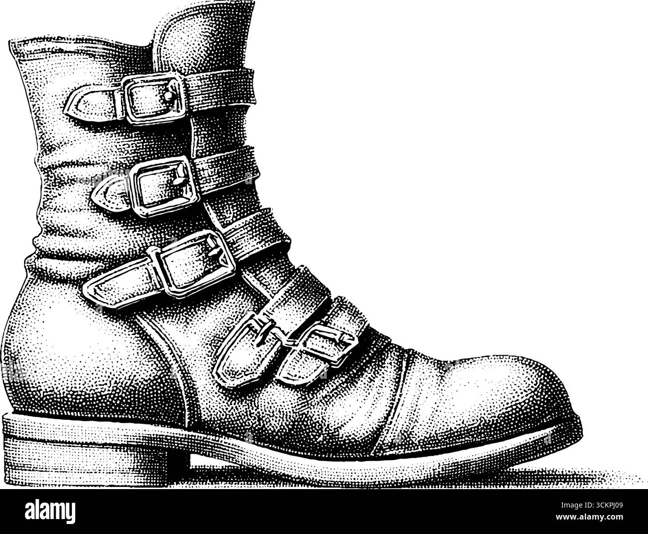 Stivaletto Combat in stile vintage con borchie e cinturini con fibbia, per un tatuaggio artistico. Illustrazione Vettoriale