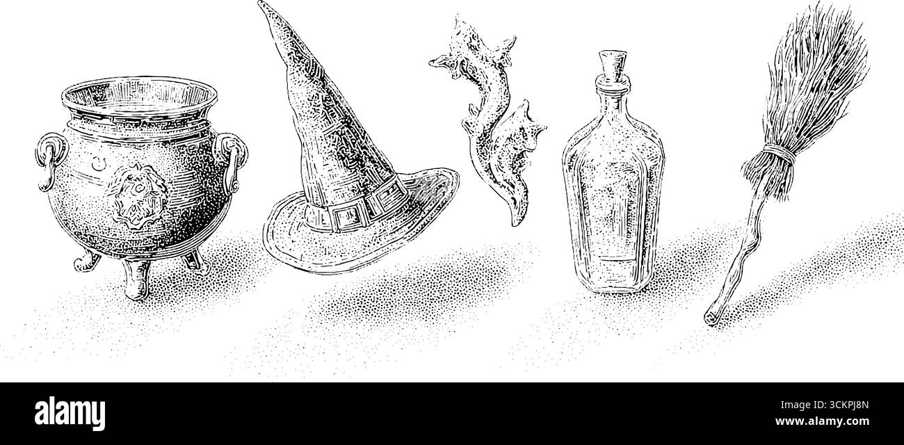 Incantevoli oggetti di stregoneria: Calderone magico, cappello da strega, scopa, bottiglia di pozione e statuetta di drago per il design di halloween. Illustrazione Vettoriale