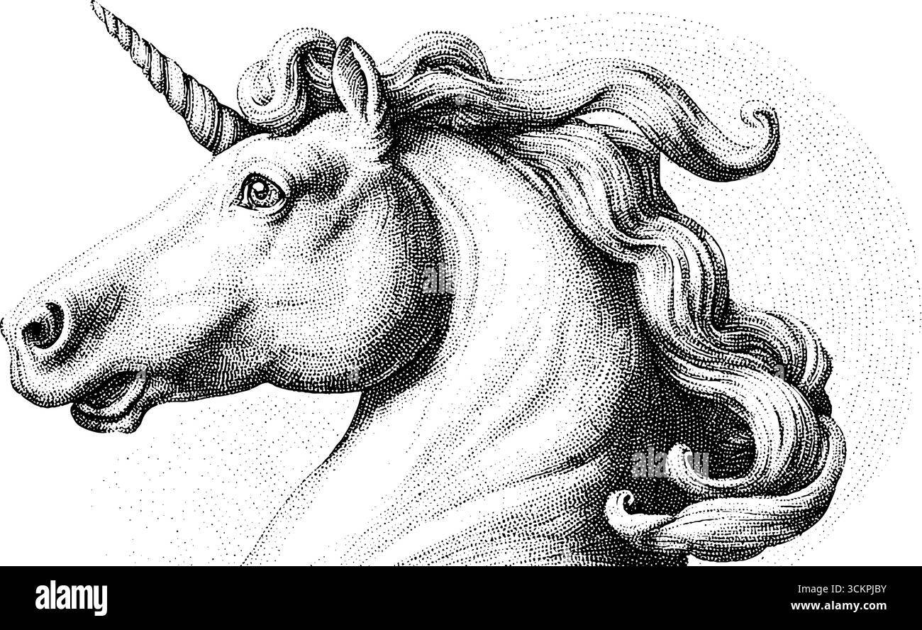 Elegante unicorno con corno a spirale e criniera fluente in dettagli intricati. Illustrazione Vettoriale