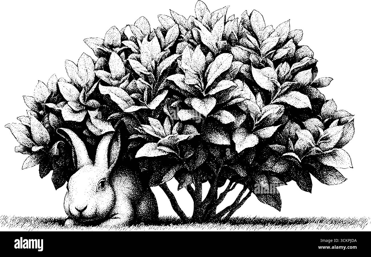 Artigianato da giardino con coniglio topiario e lussureggiante design fogliame per l'esposizione. Illustrazione Vettoriale