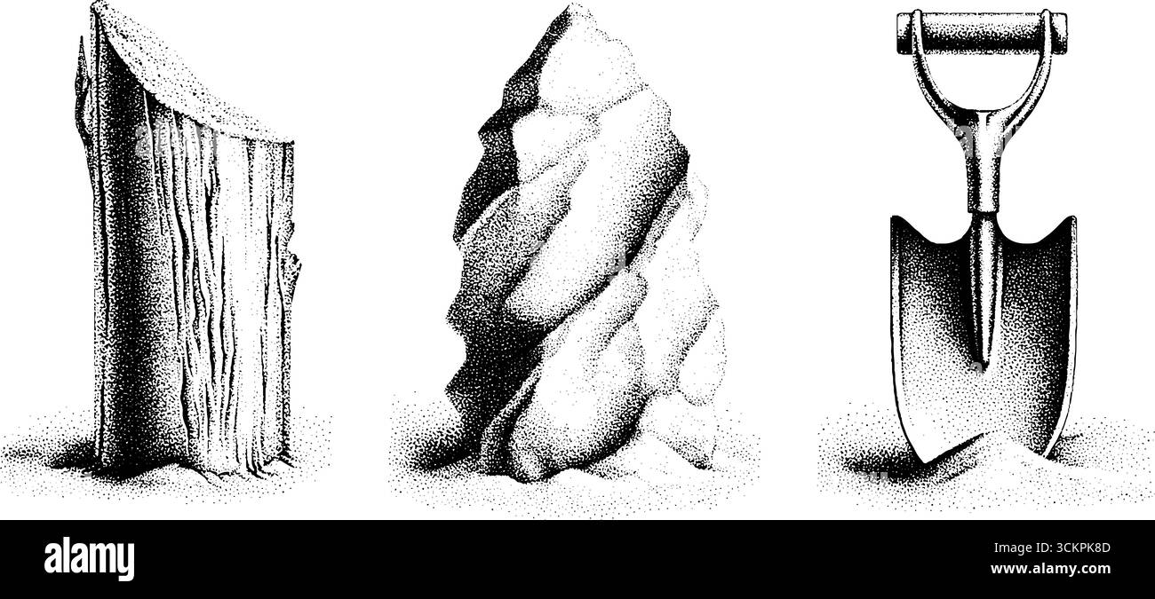 Scena di valanghe invernali con onde di neve, alberi sepolti e pala. Illustrazione Vettoriale