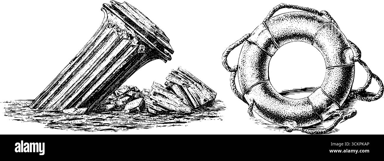 Temi di catastrofe marittima con naufragio e boa di salvataggio per il design nautico. Illustrazione Vettoriale
