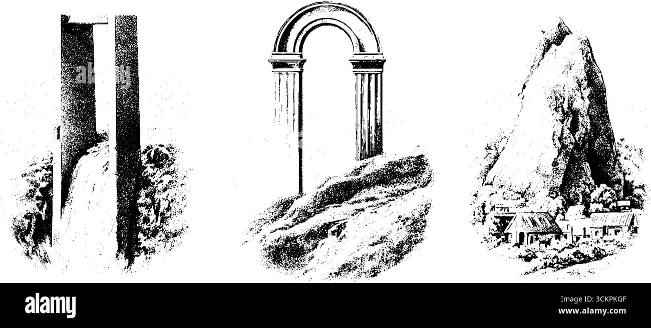 Crollo drammatico del muro della diga con potenti rovine architettoniche e torrenti. Illustrazione Vettoriale