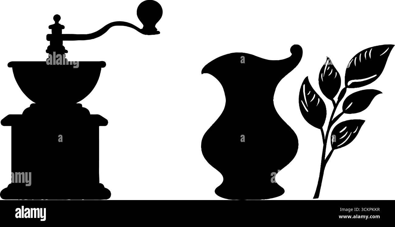 Macinacaffè vintage e silhouette ispirate alla natura per un design unico. Illustrazione Vettoriale