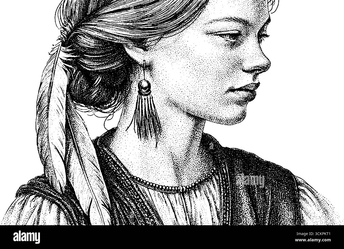 Donna in stile bohémien con blusa contadina e gilet con frange con accessorio in piuma in un ritratto dettagliato. Illustrazione Vettoriale