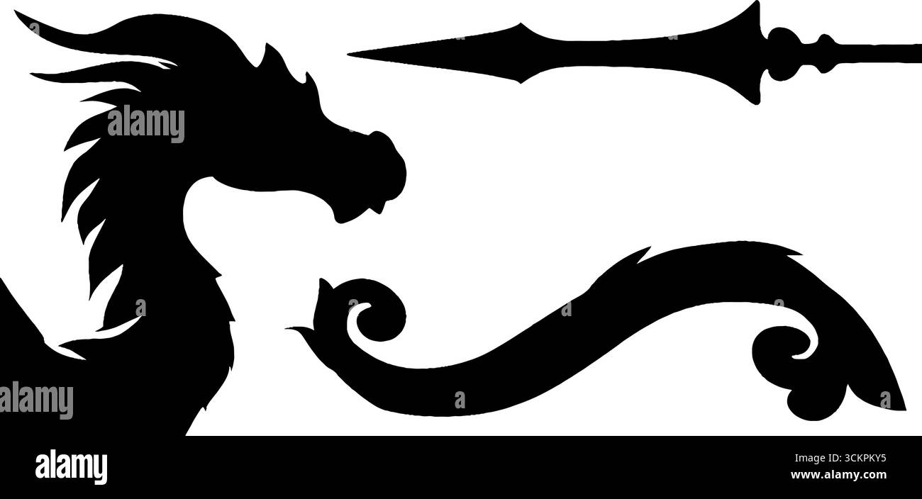 Silhouette di drago medievale e design a punta di lancia per opere d'arte fantasy. Illustrazione Vettoriale