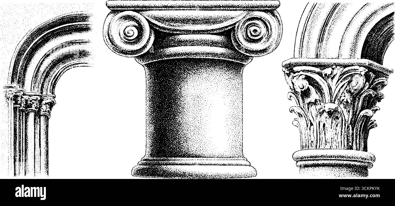 Dettagli architettonici di chiostro e portici colonnari per ispirazione progettuale. Illustrazione Vettoriale