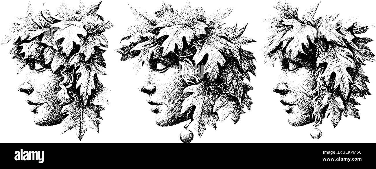 Ninfe della foresta con ghirlanda di edera e motivi di foglie di quercia per disegni ispirati alla natura e temi mitologici. Illustrazione Vettoriale