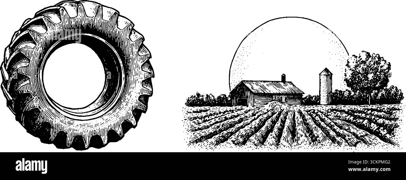 Ambiente agricolo rustico con battistrada e campi arati. Illustrazione Vettoriale