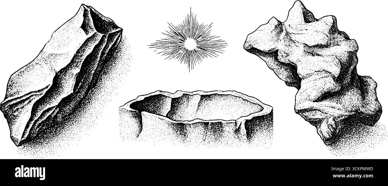 Raccolta di frammenti di meteorite con flash a impatto per l'illustrazione didattica e scientifica. Illustrazione Vettoriale