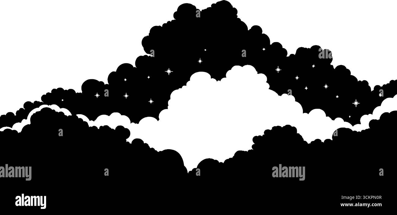 La silhouette a contrasto elevato di nuvole e stelle è caratterizzata da un design da sogno per il cielo notturno. Illustrazione Vettoriale