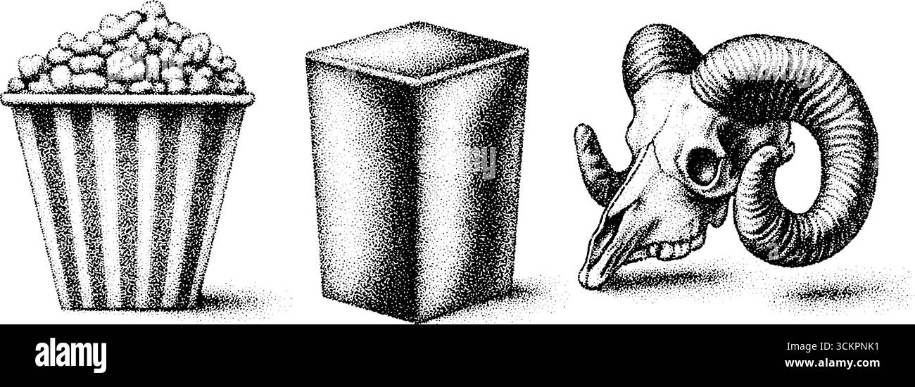 Secchio retro di popcorn e teschio di RAM a strisce zebrate mezzitoni per un arredamento vintage. Illustrazione Vettoriale