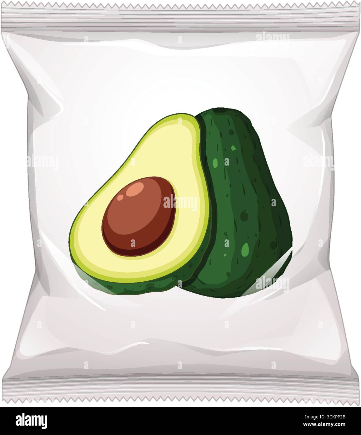 Pacchetto snack vettoriale realistico con grafica avocado, struttura in plastica trasparente, isolata su sfondo bianco. Illustrazione Vettoriale