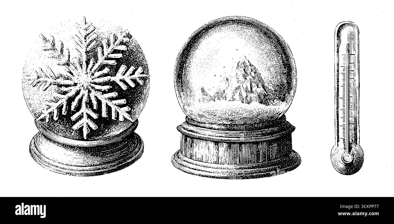 Elementi decorativi invernali con fiocco di neve, globo di neve e termometro per la visualizzazione stagionale. Illustrazione Vettoriale
