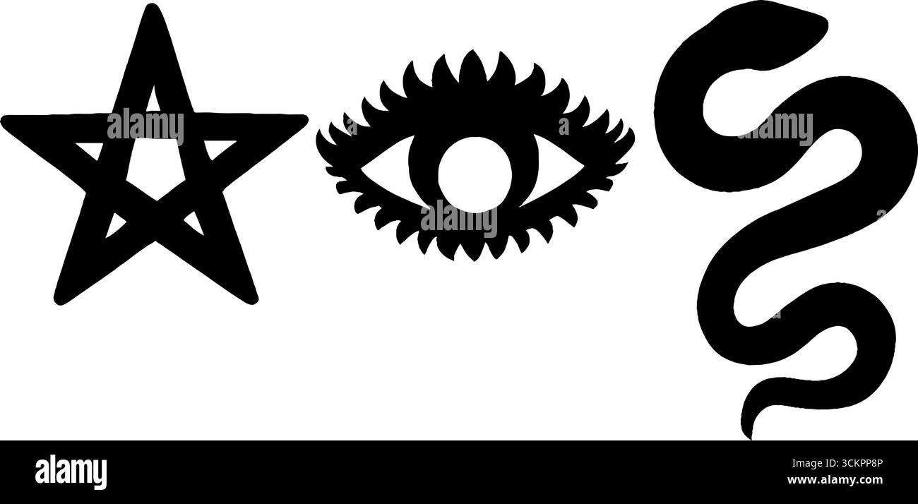 Simboli mistici con elementi a forma di stella pentagramma, occhio e serpente per un design spirituale. Illustrazione Vettoriale