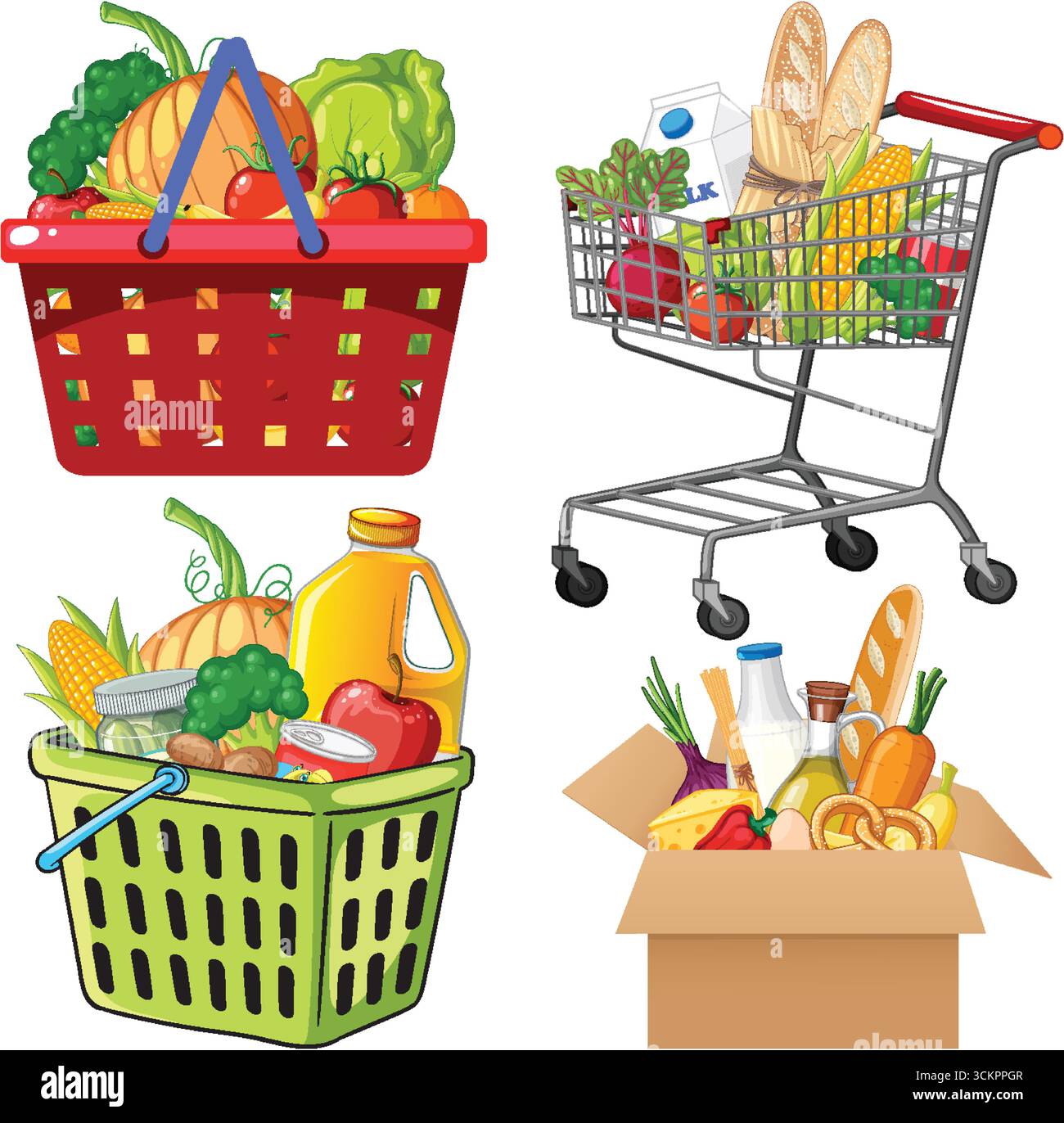 Vettoriale colorato di cestini della spesa, carrello della spesa e scatola piena di cibi freschi assortiti. Illustrazione Vettoriale