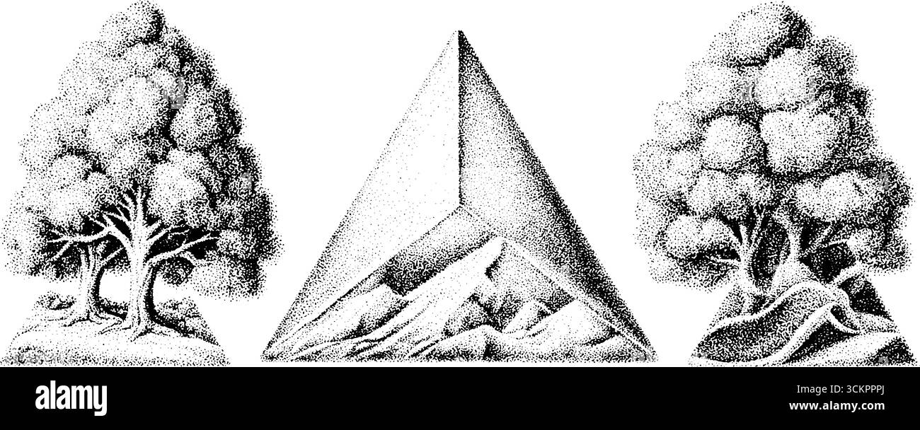 Design triadico di alberi con motivo a strati di collina per un'arte ispirata alla natura. Illustrazione Vettoriale