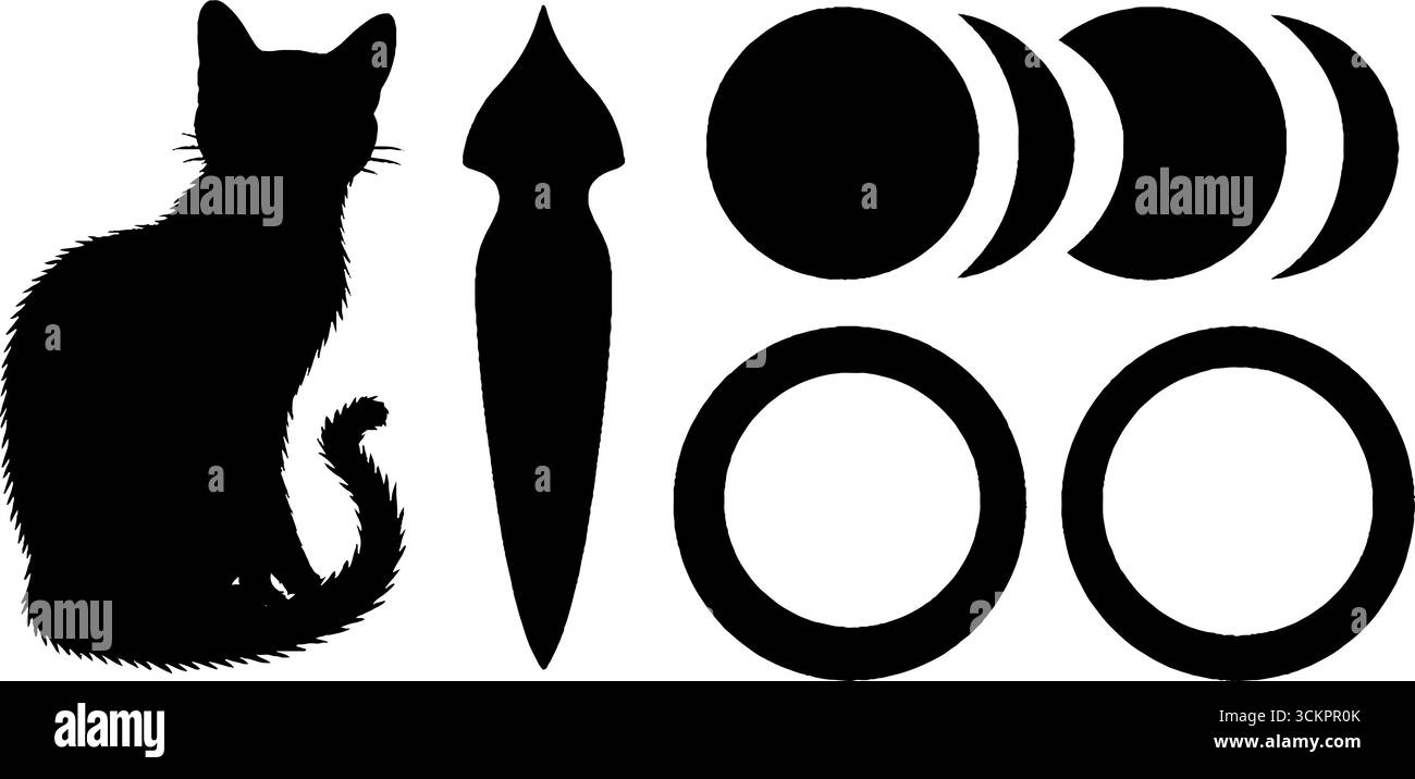Mistica silhouette nera con anello pentacolo e fasi lunari per tarocchi o stregoneria. Illustrazione Vettoriale