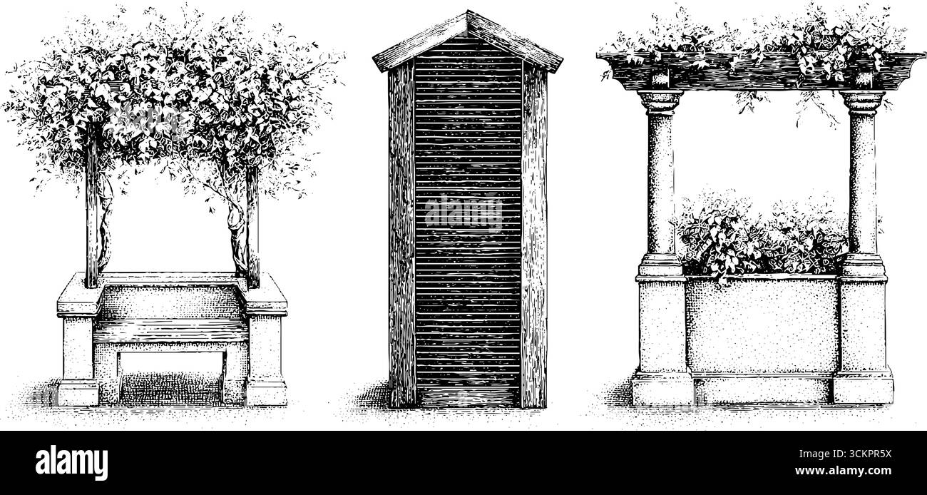Elementi architettonici per esterni con schermo verticale con sfinestratura e blocco posti a sedere. Illustrazione Vettoriale