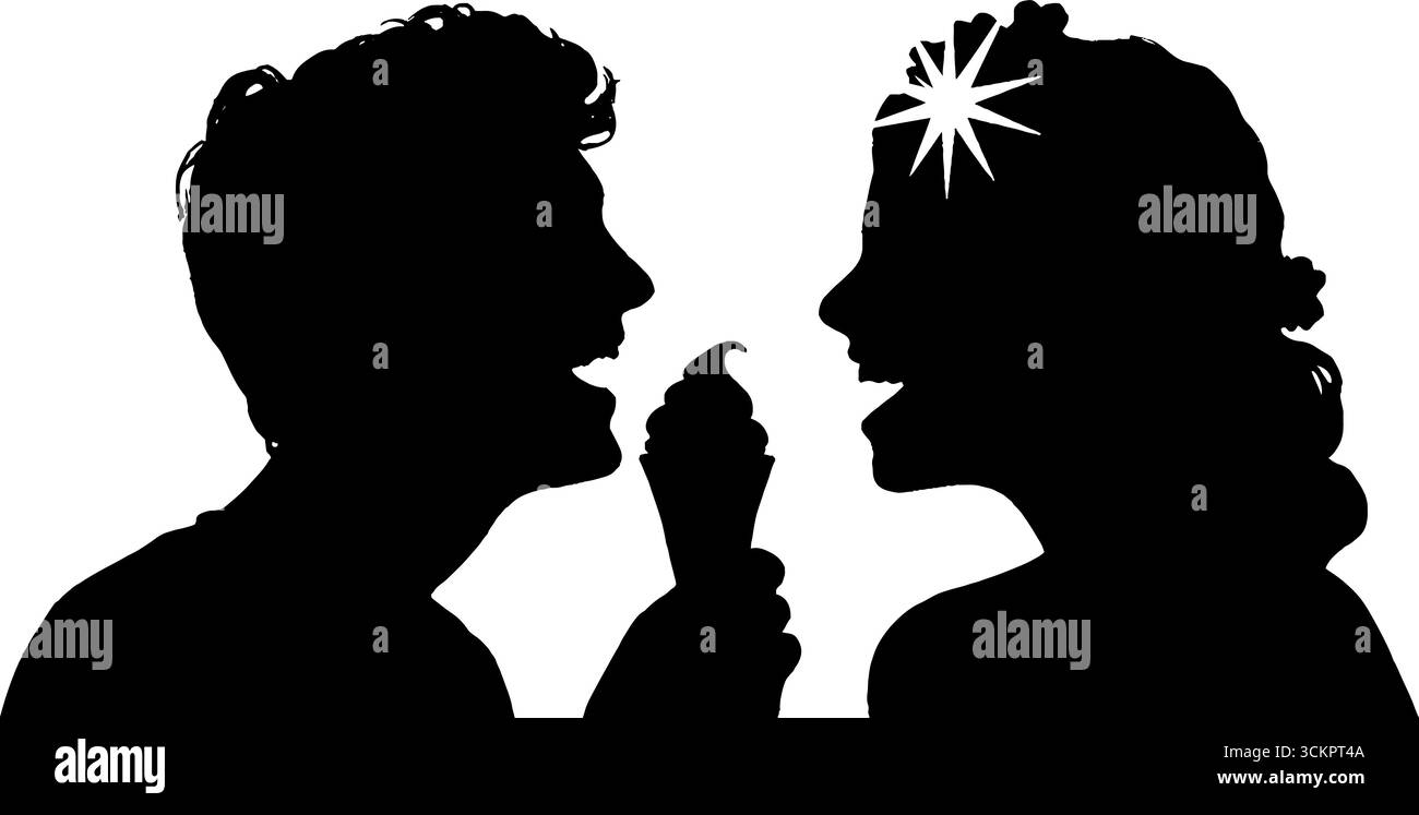 Coppia gioiosa che si gusta il cono gelato alla luce del sole per la felicità estiva. Illustrazione Vettoriale