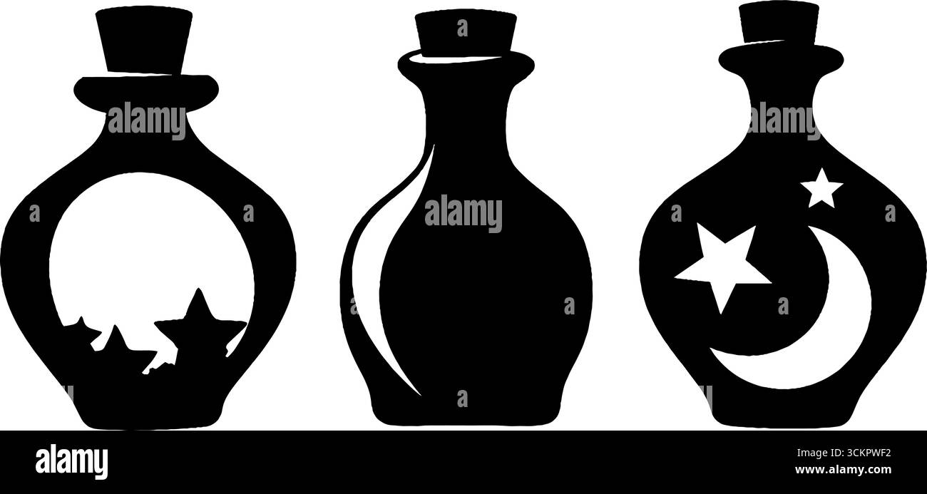 Bottiglie di pozione in alchimia con stelle e glifi per un arredamento e un design magici. Illustrazione Vettoriale