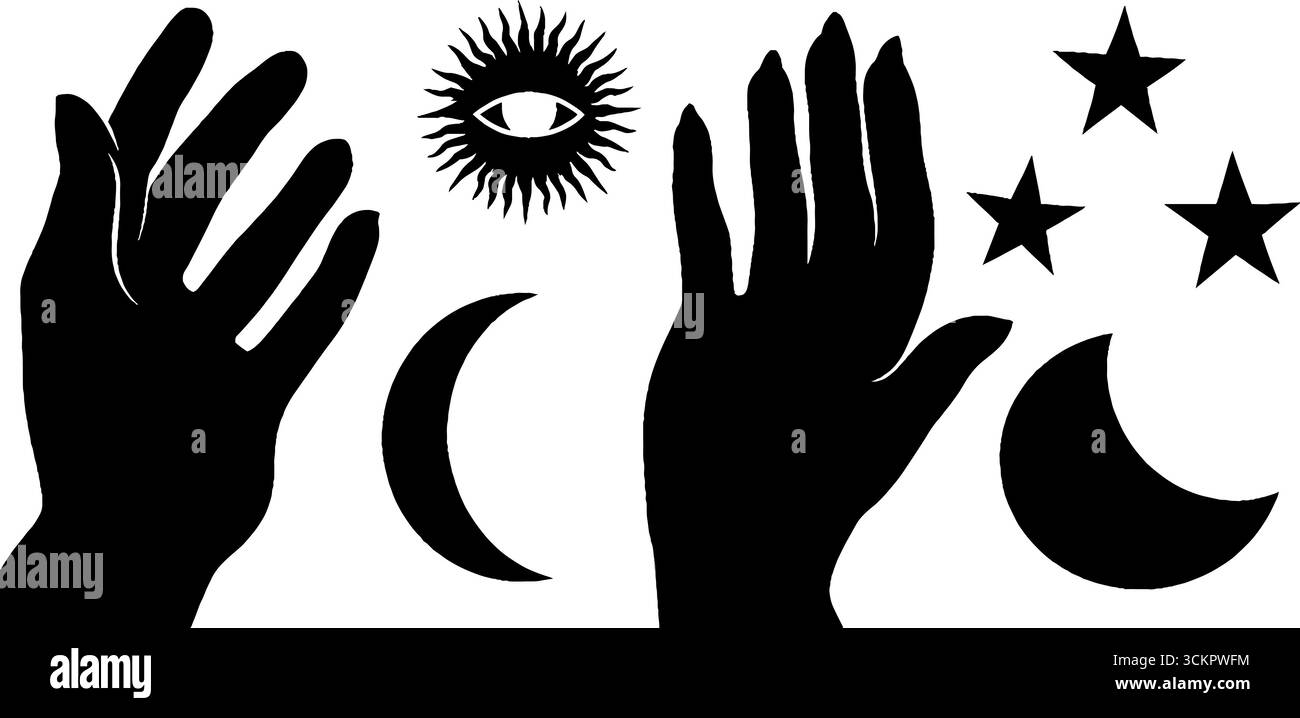 Mani mistiche con occhi, stelle ed elementi lunari in un design geometrico. Illustrazione Vettoriale