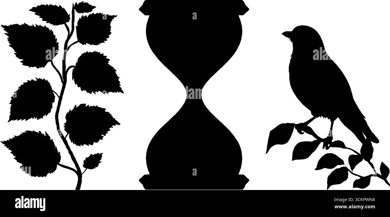 Set silhouette con clessidra, tendine edera e corvo per un'ispirazione di design. Illustrazione Vettoriale