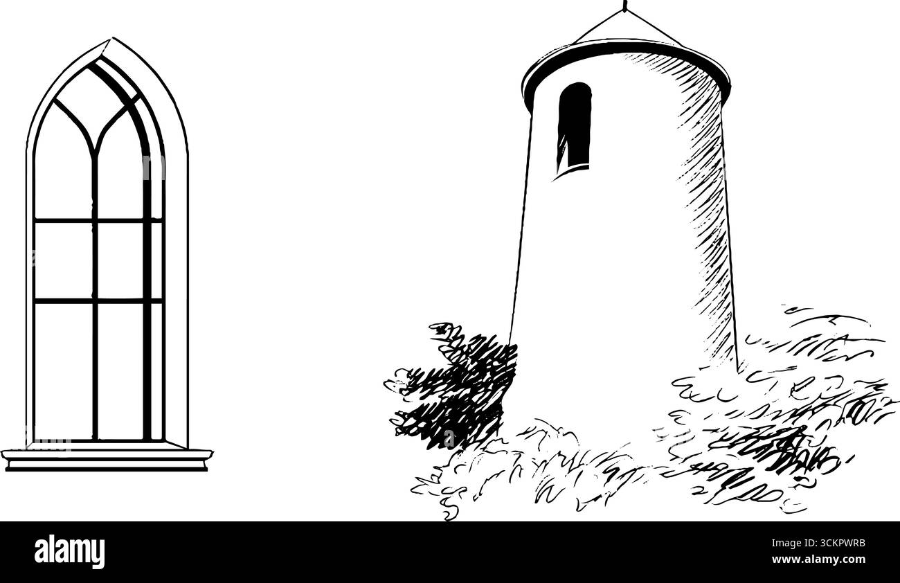 Arte in linea architettonica: Illustrazione a croce di finestre e torri per progetti di design. Illustrazione Vettoriale