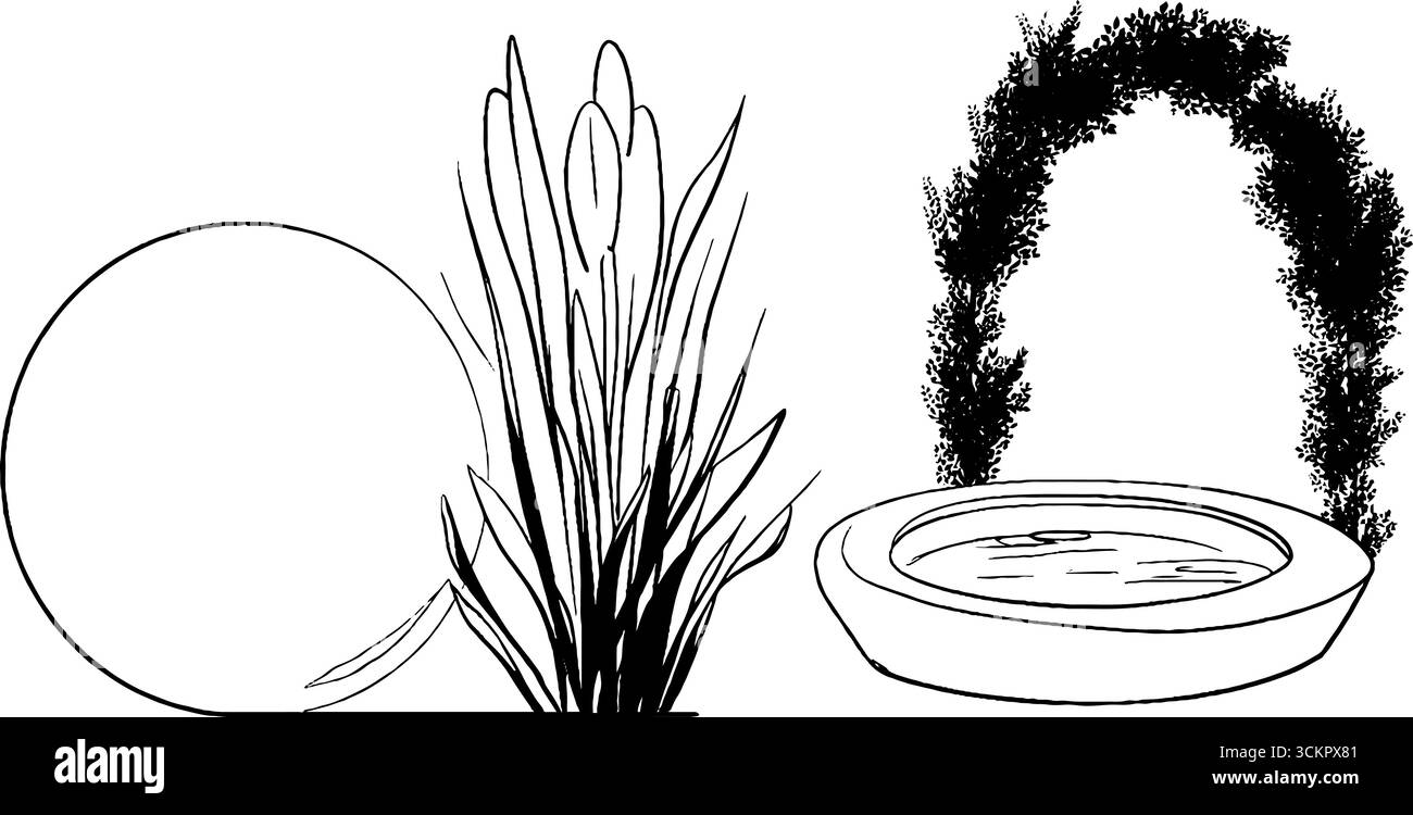 Elegante illustrazione line art di un globo decorativo da giardino e piante per il design. Illustrazione Vettoriale