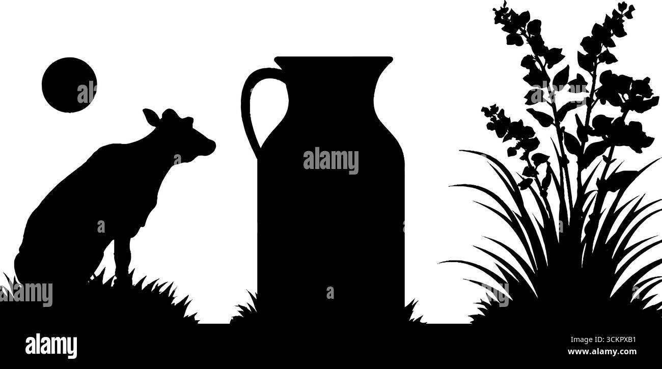 Ambientazione rurale con lattina di latte, sagoma di mucca ed erba per l'arredamento della fattoria. Illustrazione Vettoriale