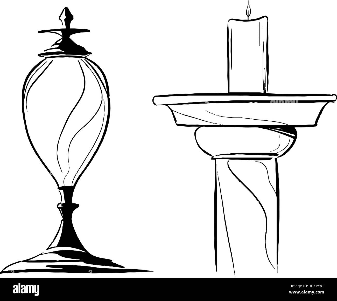 Elegante illustrazione in linea di lampada e candela per il design spirituale. Illustrazione Vettoriale