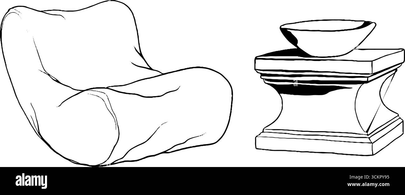 Moderna sedia scultorea e tavolo disegnano opere d'arte per il design degli interni. Illustrazione Vettoriale