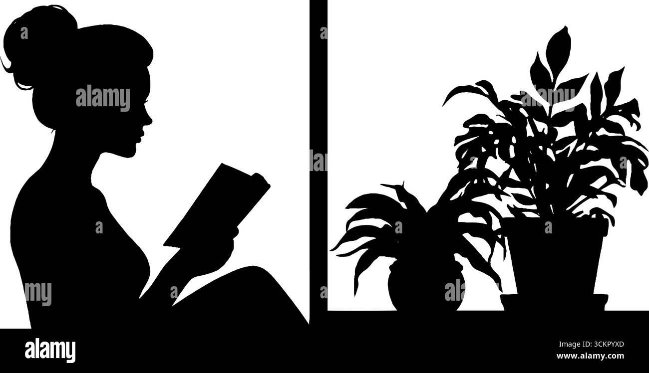 Donna che legge un libro silhouette per finestra con piante da interno per un design ispirato. Illustrazione Vettoriale