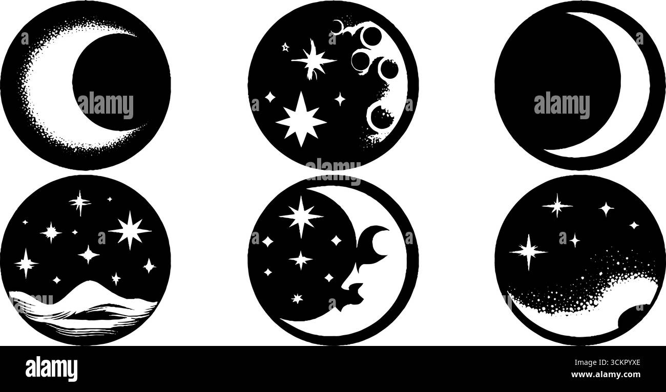 Motivi celesti con motivi a forma di luna e stelle per un design decorativo. Illustrazione Vettoriale