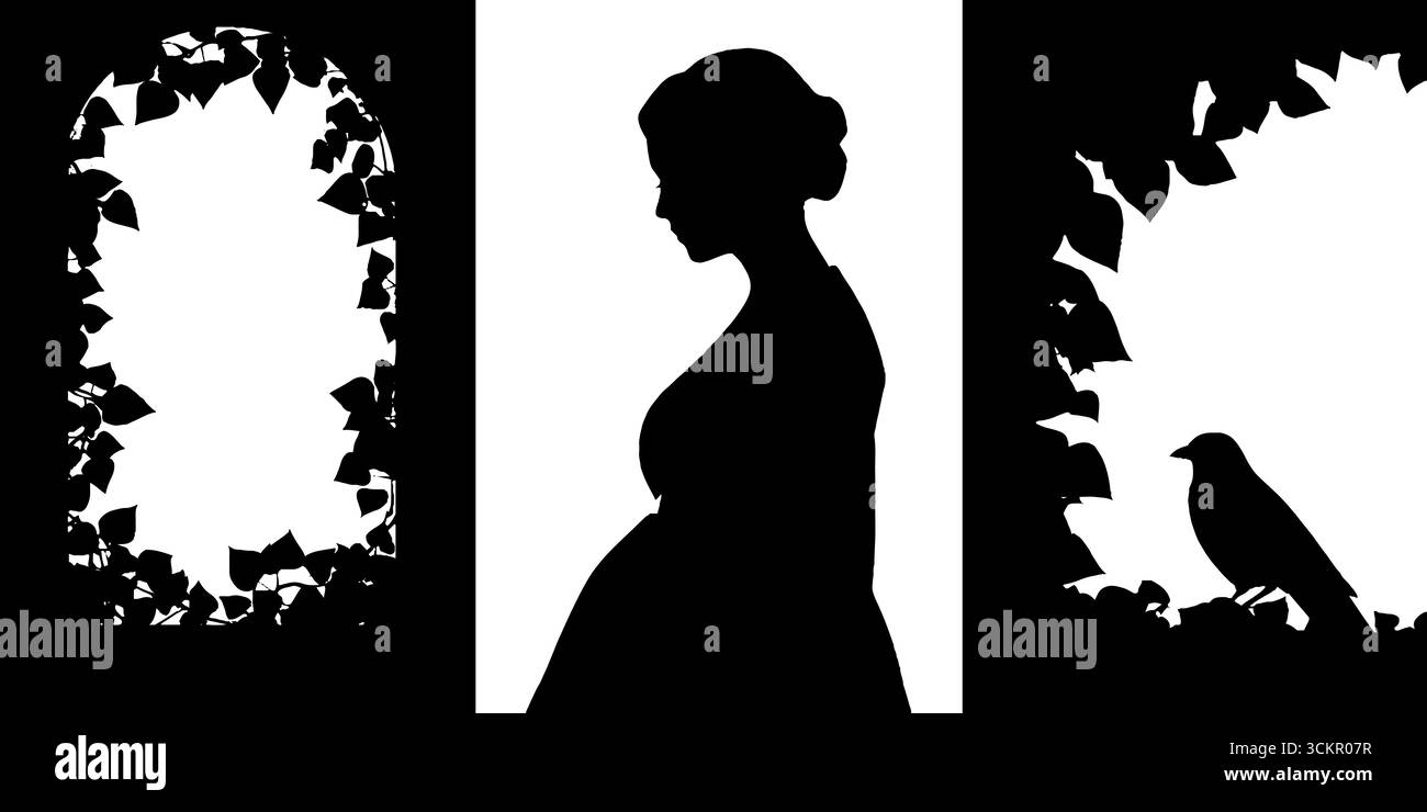 Elegante silhouette di donna accanto alla finestra del castello con edera e uccello. Illustrazione Vettoriale