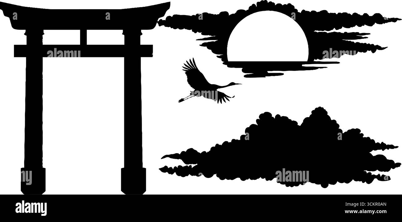 Ambiente tranquillo con la silhouette torii, il sole tramontare e la gru in volo. Illustrazione Vettoriale