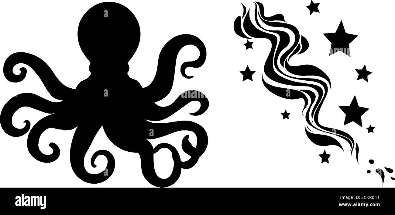 Silhouette polpo con vortici tentacolari e stelle per un design creativo. Illustrazione Vettoriale
