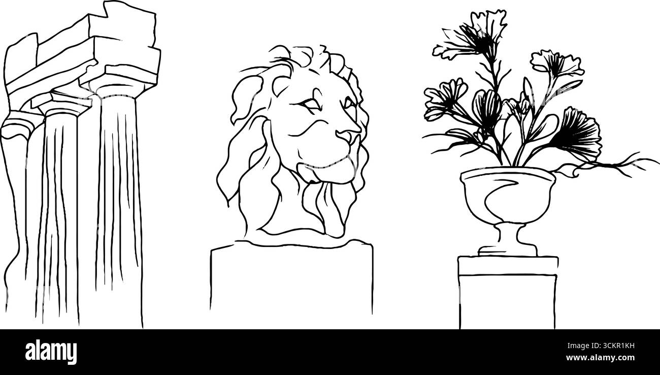 Architettura e arte greca classica con colonne dell'acropoli, statua del leone e vaso floreale. Illustrazione Vettoriale