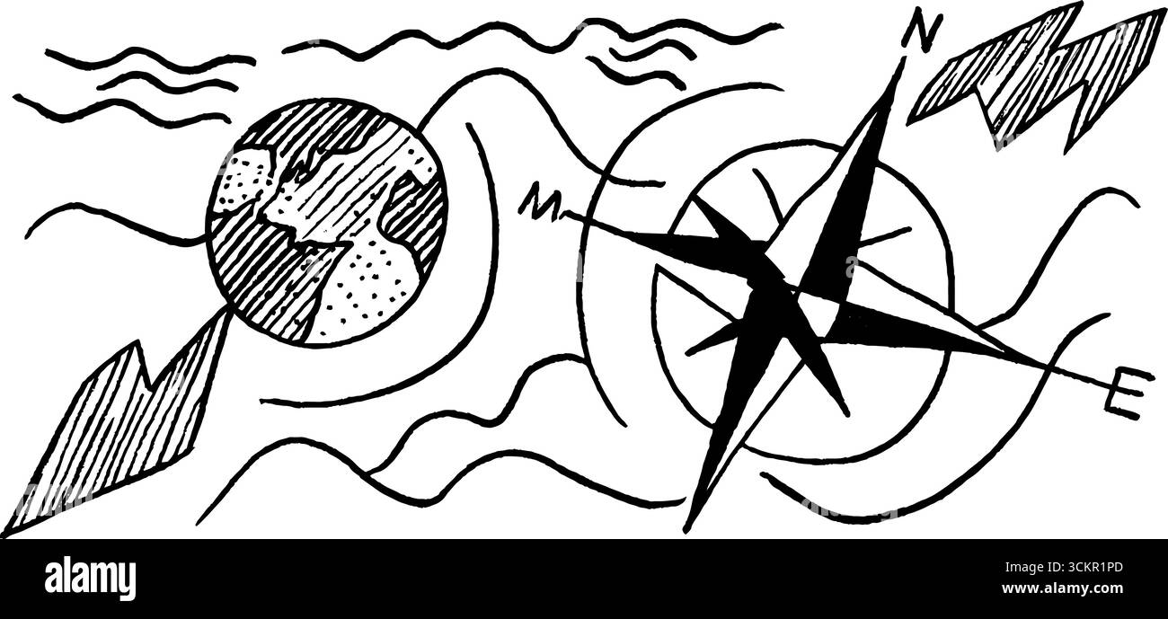 Concetto di navigazione d'epoca con mappa del vecchio mondo e grafica della bussola nautica. Illustrazione Vettoriale