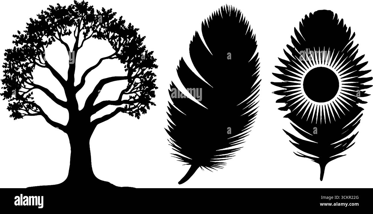 Albero mistico della vita e piume di corvo con motivo a spirale per un'arte ispirata alla natura. Illustrazione Vettoriale