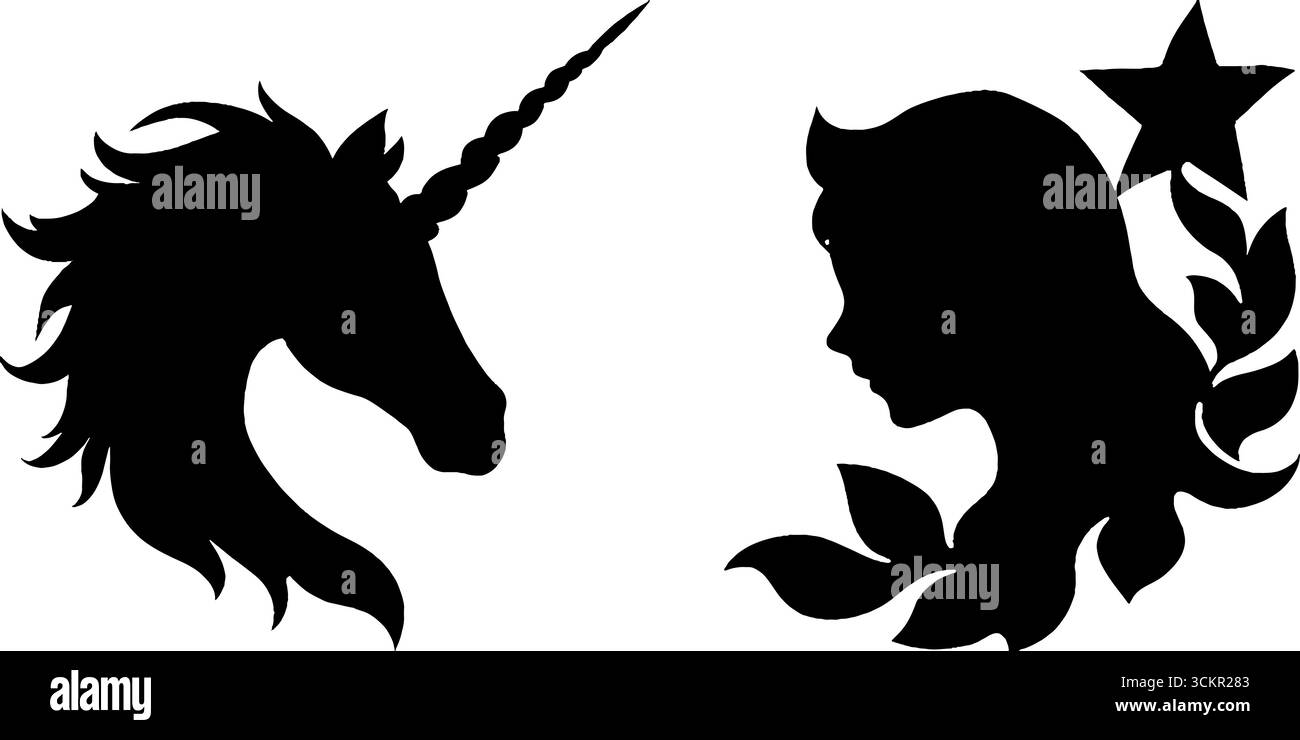 Silhouette Fantasy unicorno e donna con elementi Starburst e crescent. Illustrazione Vettoriale
