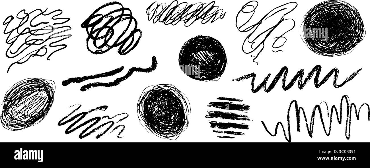 Collezione astratta di dodici linee e cerchi dinamici disegnati a mano per un design creativo. Illustrazione Vettoriale