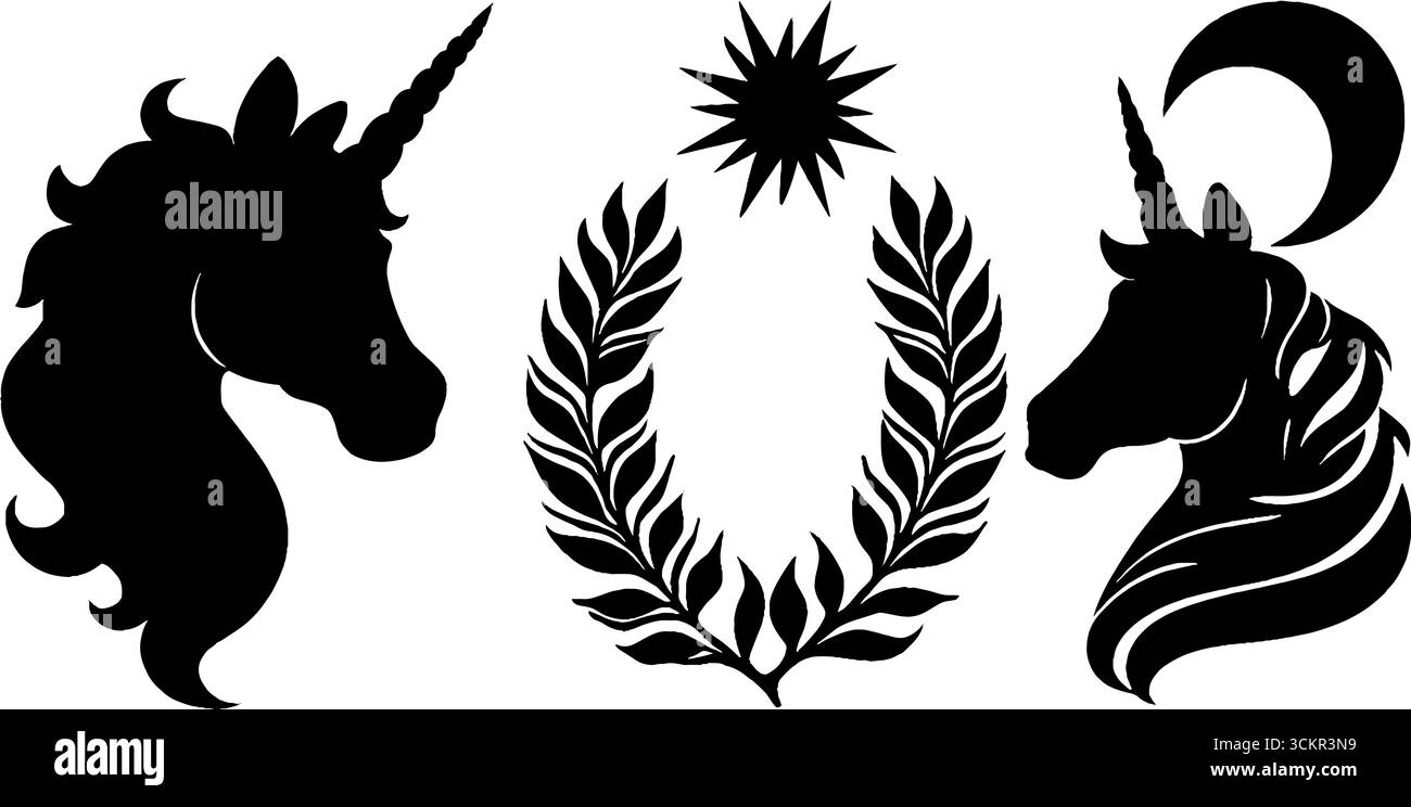 Teste mistiche di unicorno con elementi Starburst e mezzaluna per un design fantastico. Illustrazione Vettoriale