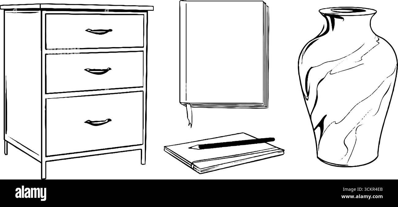 Set artistico della linea di prodotti per l'ufficio e la casa con armadietto, vaso e cancelleria. Illustrazione Vettoriale