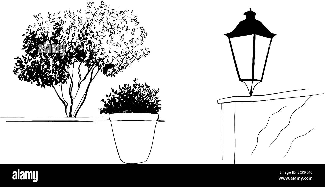 Set artistico minimalista con siepe basse e lampada da giardino per un elegante design esterno. Illustrazione Vettoriale